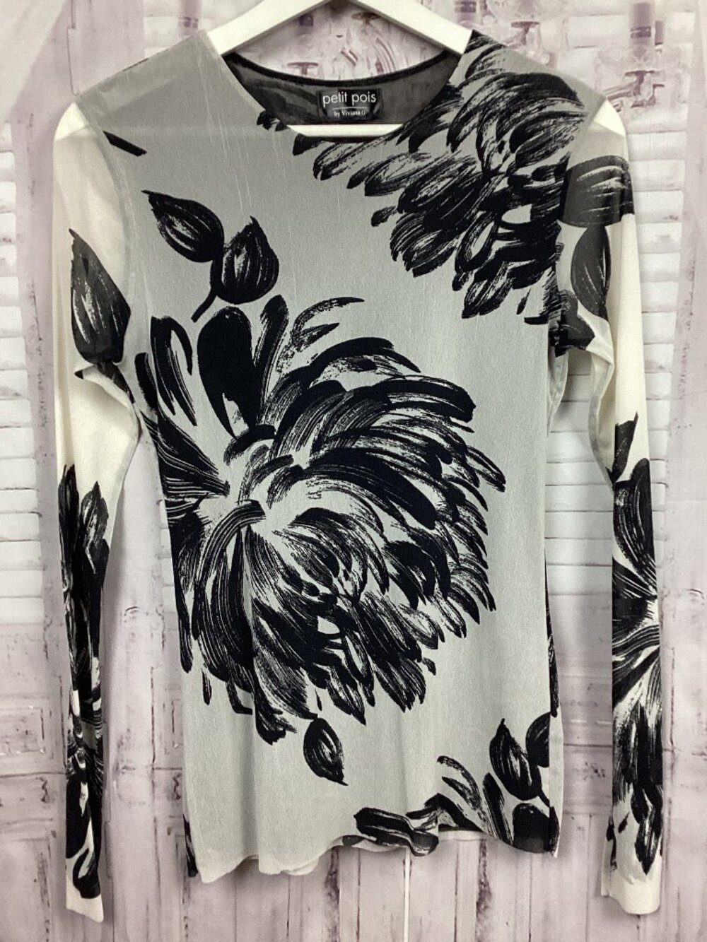 Petit Pois Viviana G Crew Neck Mesh Top Black White Floral Long Sleeve M
